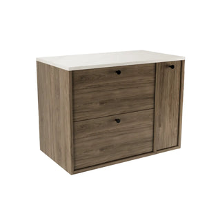 Belino Waschtischunterschrank 80 cm in Walnuss Dunkel mit Marmor Bianco Arbeitsplatte, geschlossenes Regal, 2 Schubladen, Metallgriffe schwarz oder gold.
