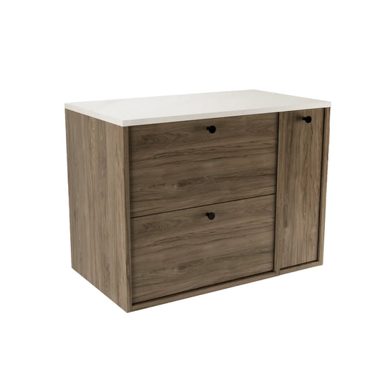 Belino Waschtischunterschrank 80 cm in Walnuss Dunkel mit Marmor Bianco Arbeitsplatte, geschlossenes Regal, 2 Schubladen, Metallgriffe schwarz oder gold.