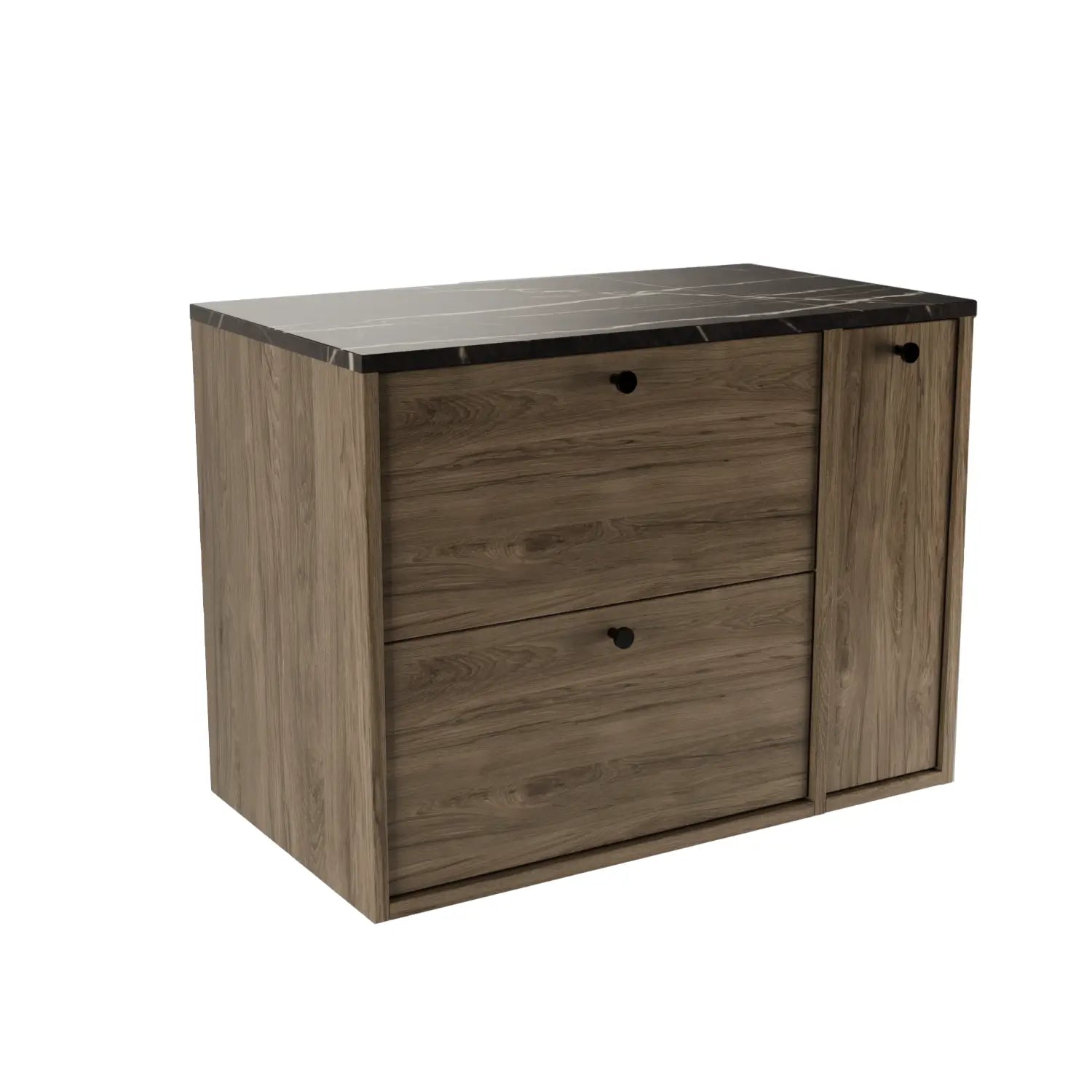 Belino Waschtischunterschrank 80 cm in Walnuss Dunkel mit Marmor Schwarz Arbeitsplatte, geschlossenes Regal, 2 Schubladen, Metallgriffe schwarz oder gold.