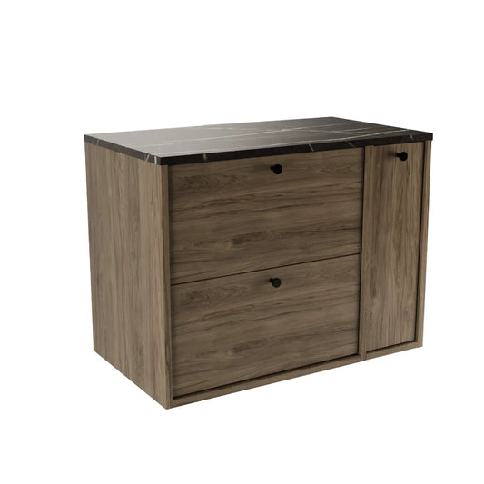 Belino Waschtischunterschrank 80 cm in Walnuss Dunkel mit Marmor Schwarz Arbeitsplatte, geschlossenes Regal, 2 Schubladen, Metallgriffe schwarz oder gold.