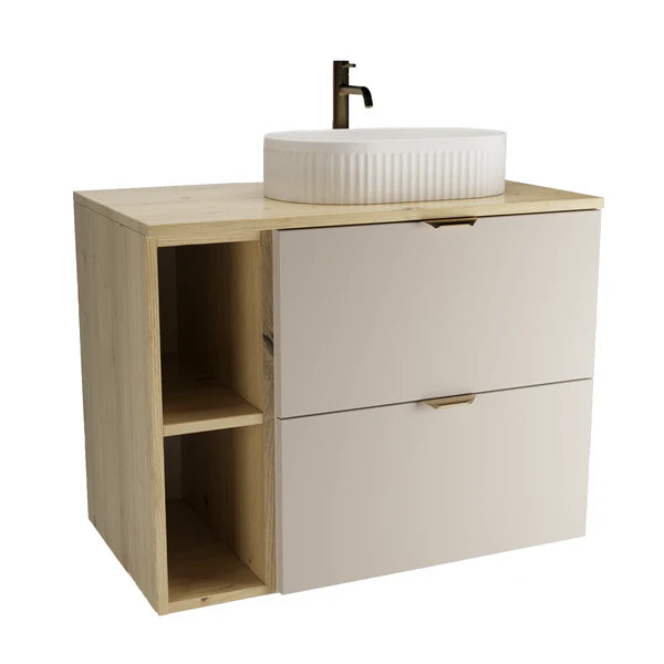 Badmöbel-Set Orio mit 80 cm Waschtischunterschrank in Kaschmir und Eiche Artisan sowie weißem Aufsatzwaschbecken Vanda, modernes Design.