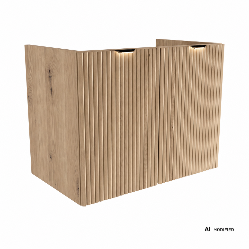 Waschtischunterschrank Willy 80 cm mit Türen in Eiche Cremona, geriffelte MDF-Fronten, ohne Oberteil