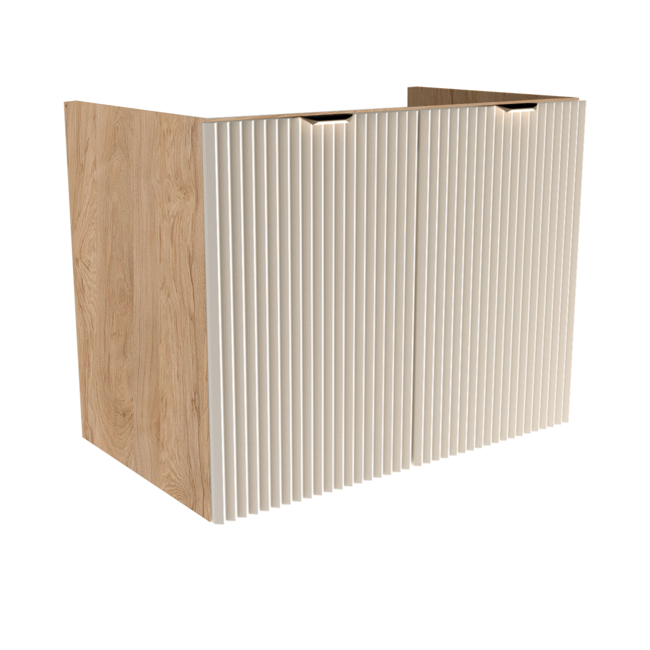 Waschtischunterschrank 80 cm mit geriffelten kaschmirfarbenen MDF-Fronten, Walnuss-Korpus und schwarzen oder goldenen Griffen, ohne Waschbecken/Oberteil.