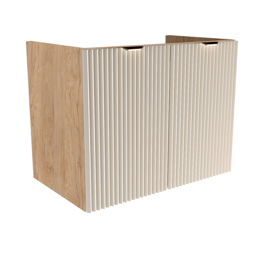 Waschtischunterschrank 80 cm mit geriffelten kaschmirfarbenen MDF-Fronten, Walnuss-Korpus und schwarzen oder goldenen Griffen, ohne Waschbecken/Oberteil.