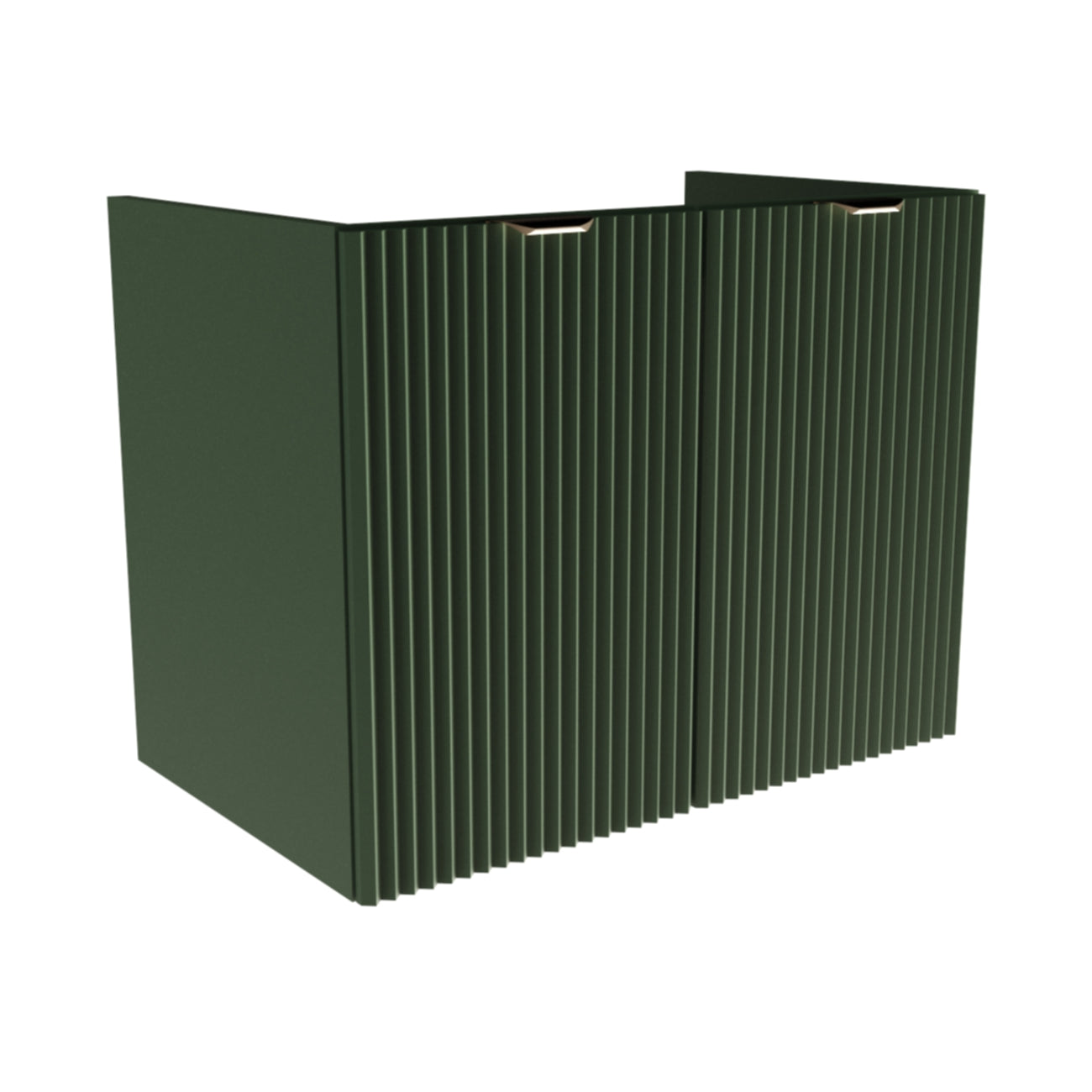 Waschtischunterschrank 80 cm in Salbei mit geriffelten Türen und schwarzen oder goldenen Griffen, ohne Waschbecken/Oberteil.