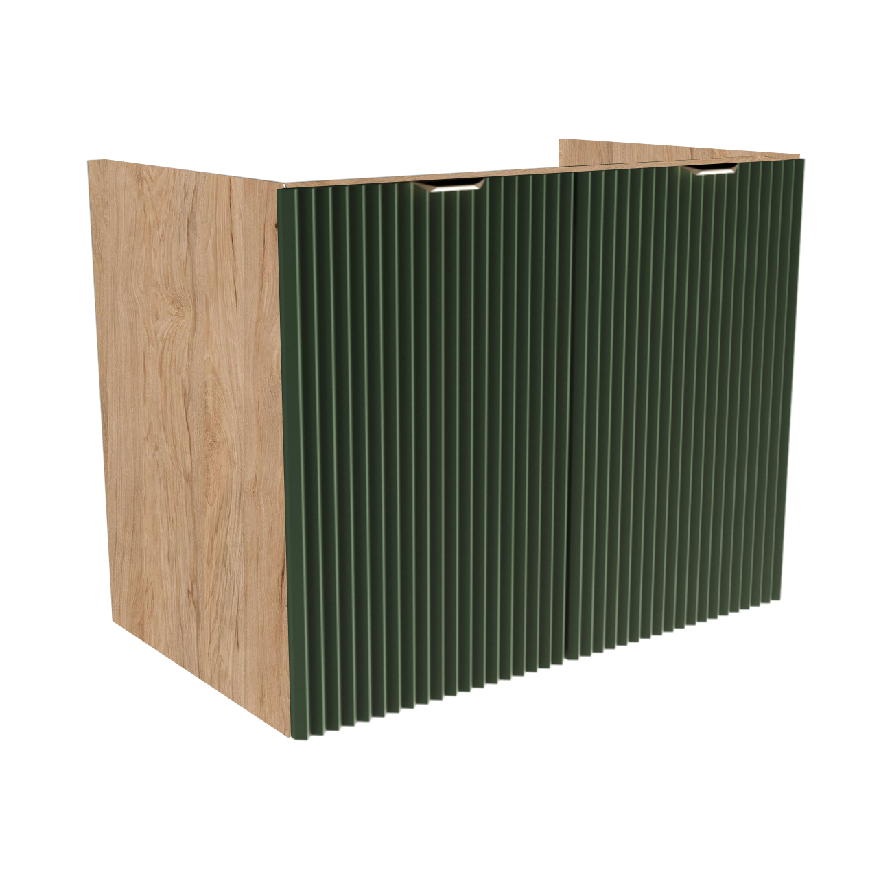 Waschtischunterschrank 80 cm mit geriffelten salbeifarbenen MDF-Fronten, Walnuss-Korpus und schwarzen oder goldenen Griffen, ohne Waschbecken/Oberteil.