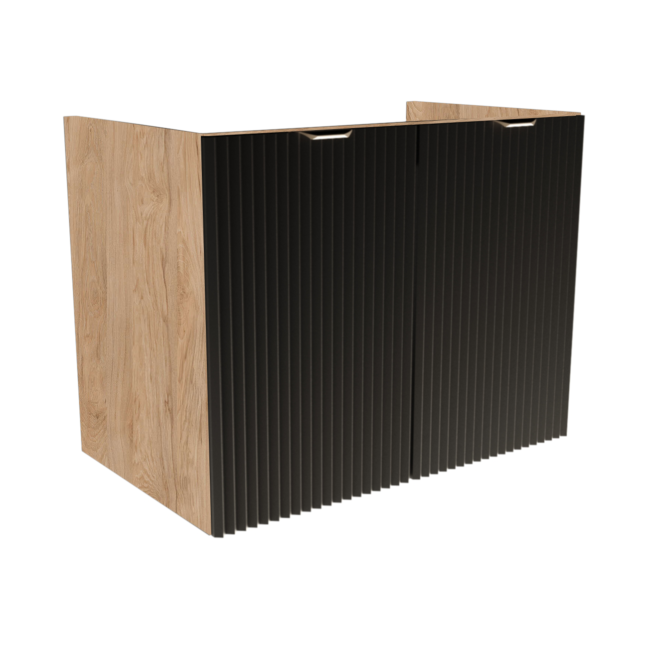 Waschtischunterschrank 80 cm mit schwarzen geriffelten MDF-Fronten, Walnuss-Korpus und schwarzen oder goldenen Griffen, ohne Waschbecken/Oberteil.