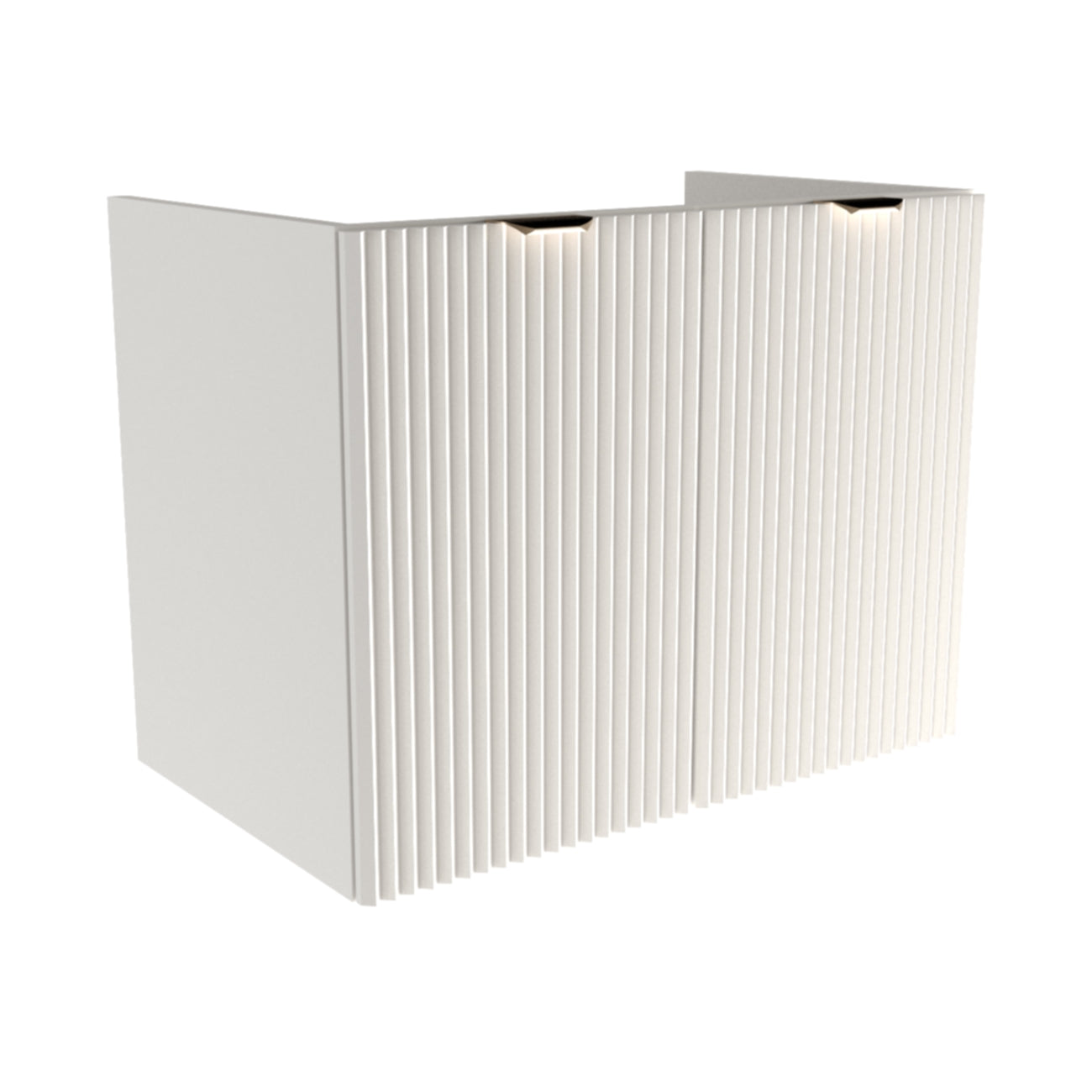 Weißer Waschtischunterschrank 80 cm mit geriffelten MDF-Fronten, laminiertem Spanplatten-Korpus, schwarzen oder goldenen Griffen, ohne Oberteil.