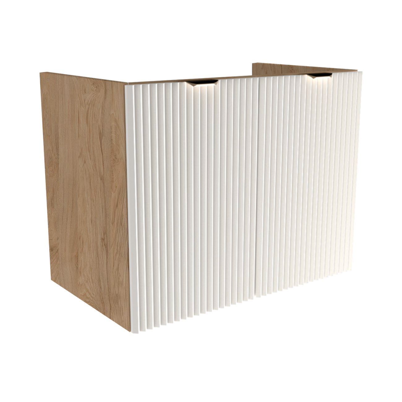 Waschtischunterschrank 80 cm mit weißen geriffelten MDF-Fronten, Walnuss-Korpus und schwarzen oder goldenen Griffen, ohne Waschbecken/Oberteil.