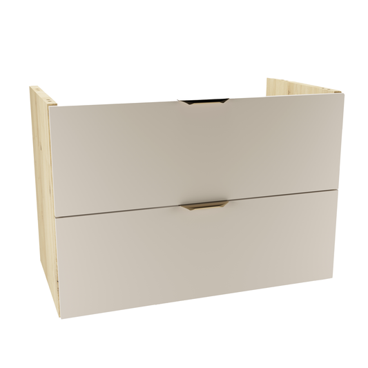 Waschtischunterschrank Orio 80 cm Kaschmir-Front, Eiche Artisan-Seiten, 2 Soft-Close Schubladen mit Syphonausschnitt – eleganter Badunterschrank.