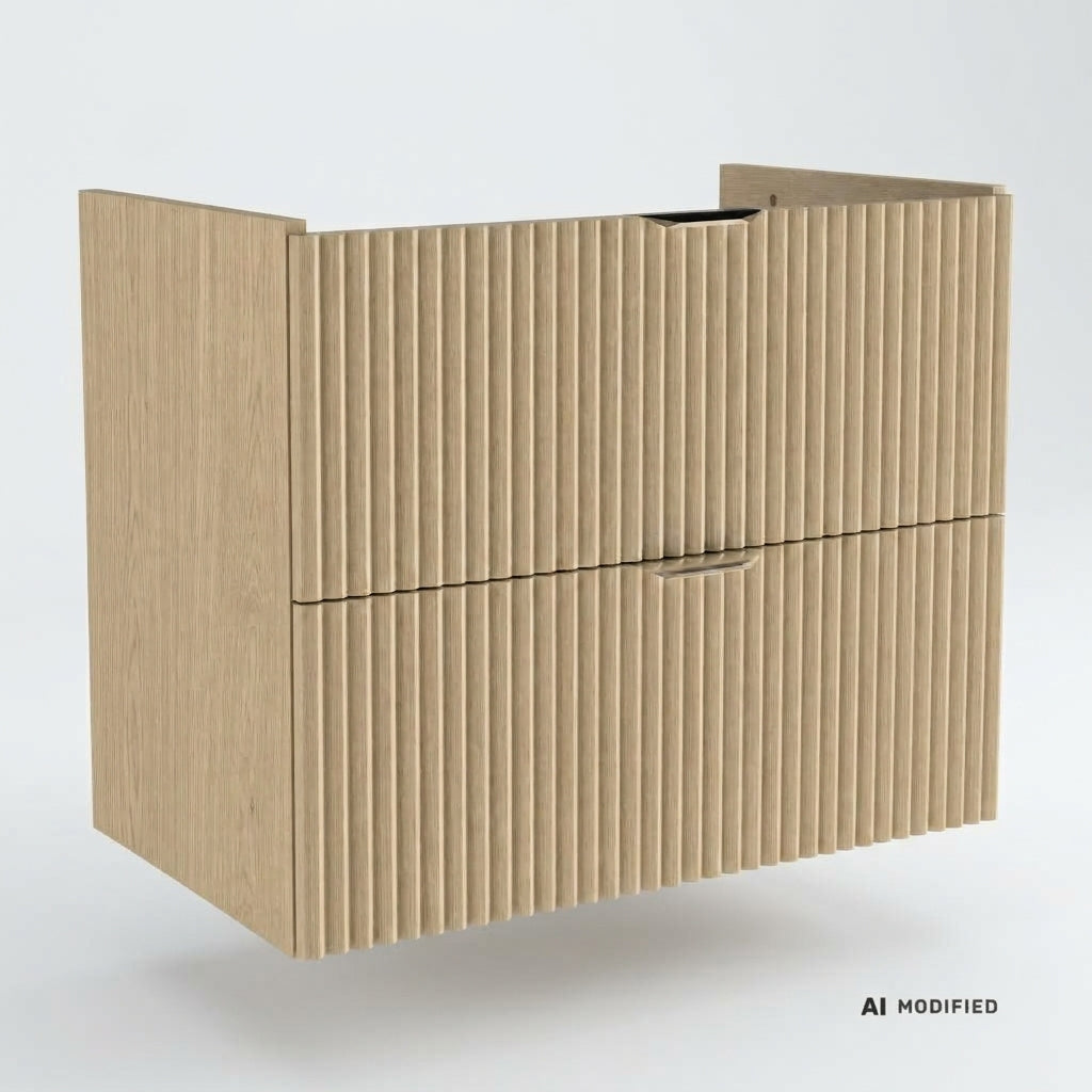 Waschtischunterschrank Willy 80 cm mit 2 Schubladen, geriffelten MDF-Fronten und Siphonausschnitt in Eiche Cremona
