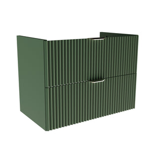 Waschtischunterschrank 80 cm komplett in Salbei mit gerillten Fronten, zwei Soft-Close-Schubladen, ohne Oberplatte, mit Metallgriffen.