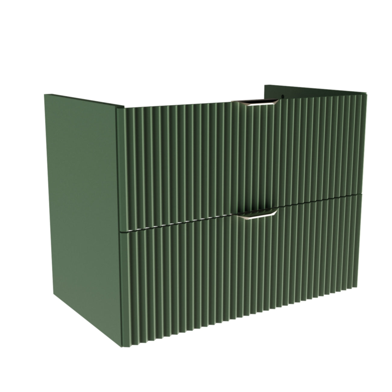 Waschtischunterschrank 80 cm komplett in Salbei mit gerillten Fronten, zwei Soft-Close-Schubladen, ohne Oberplatte, mit Metallgriffen.