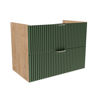 Waschtischunterschrank 80 cm mit gerillten Salbei-Fronten und Walnuss-Korpus, zwei Soft-Close-Schubladen, ohne Oberplatte, mit Metallgriffen.