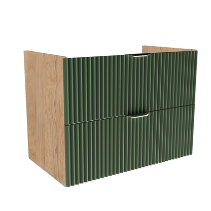 Waschtischunterschrank 80 cm mit gerillten Salbei-Fronten und Walnuss-Korpus, zwei Soft-Close-Schubladen, ohne Oberplatte, mit Metallgriffen.