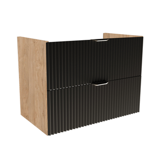 Waschtischunterschrank 80 cm mit schwarzen gerillten Fronten und Walnuss-Korpus, zwei Soft-Close-Schubladen, ohne Oberplatte, mit Metallgriffen.