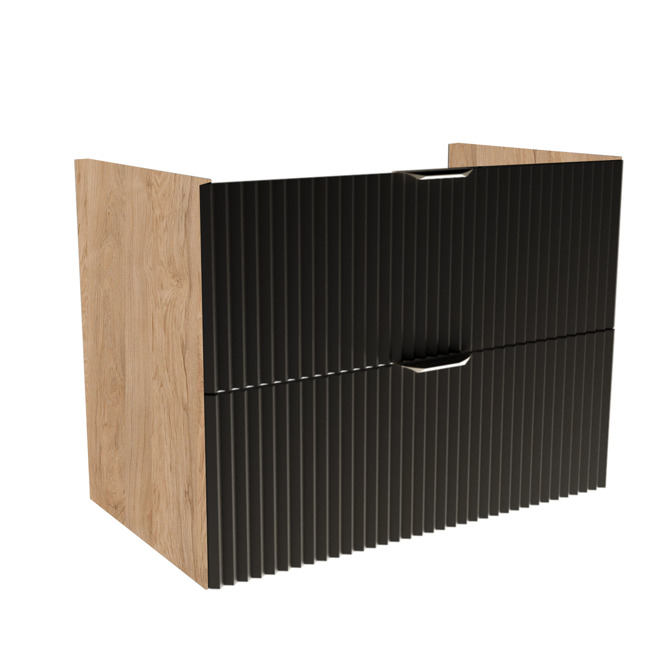 Waschtischunterschrank 80 cm mit schwarzen gerillten Fronten und Walnuss-Korpus, zwei Soft-Close-Schubladen, ohne Oberplatte, mit Metallgriffen.