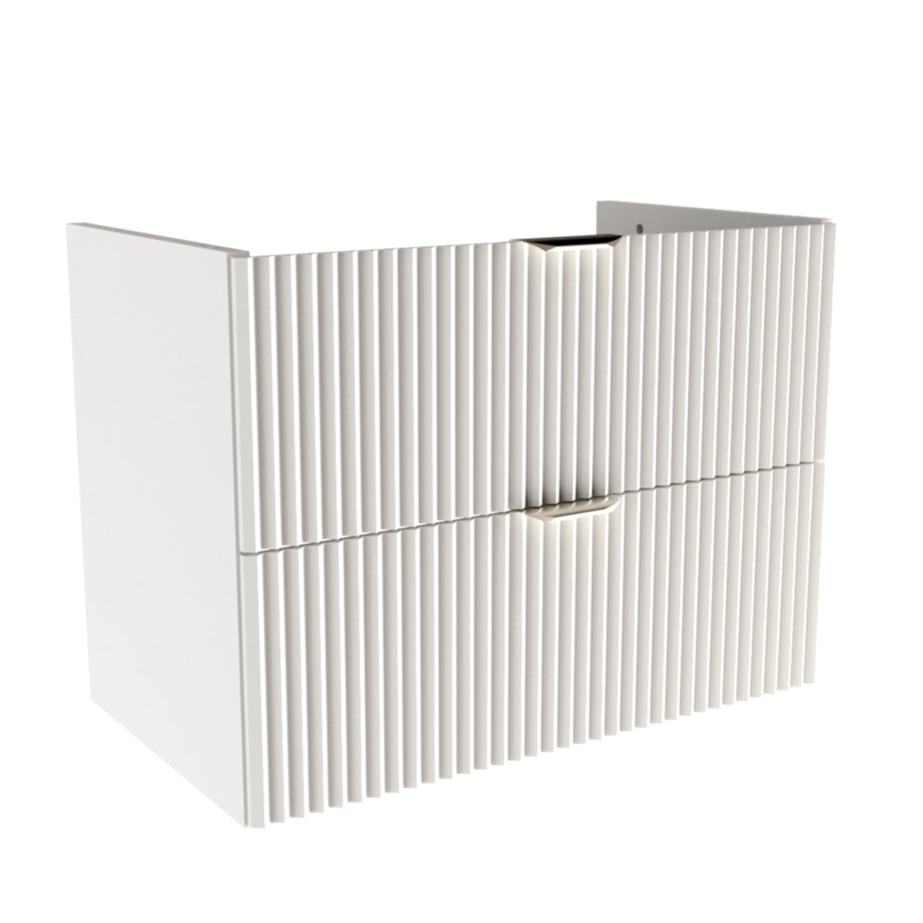 Waschtischunterschrank 80 cm in Weiß mit vertikal gerillten Fronten, zwei Soft-Close-Schubladen, ohne Oberplatte, mit goldenen oder schwarzen Griffen.