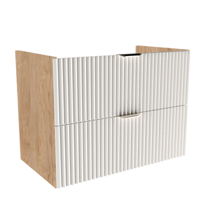 Waschtischunterschrank 80 cm mit gerillten Fronten in Weiß und Walnuss-Korpus, zwei Soft-Close-Schubladen, ohne Oberplatte, mit Metallgriffen.
