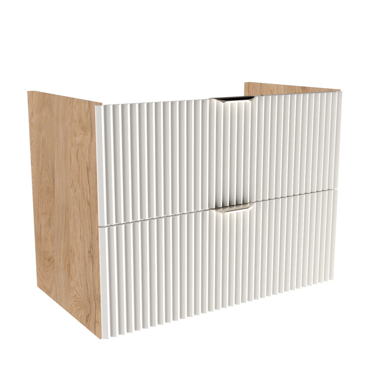 Waschtischunterschrank 80 cm mit gerillten Fronten in Weiß und Walnuss-Korpus, zwei Soft-Close-Schubladen, ohne Oberplatte, mit Metallgriffen.