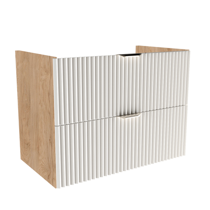 Waschtischunterschrank 80 cm mit gerillten Fronten in Weiß und Walnuss-Korpus, zwei Soft-Close-Schubladen, ohne Oberplatte, mit Metallgriffen.