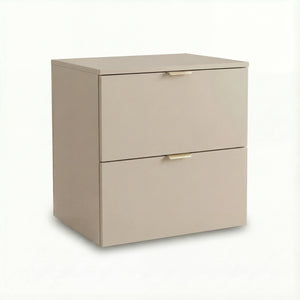 Waschtischunterschrank 60 cm Orio in Kaschmir mit glatten Fronten, 2 Schubladen mit Soft-Close und Ausschnitt für Siphon, metallischen Griffen – eleganter Stauraum für modernes Badezimmer.
