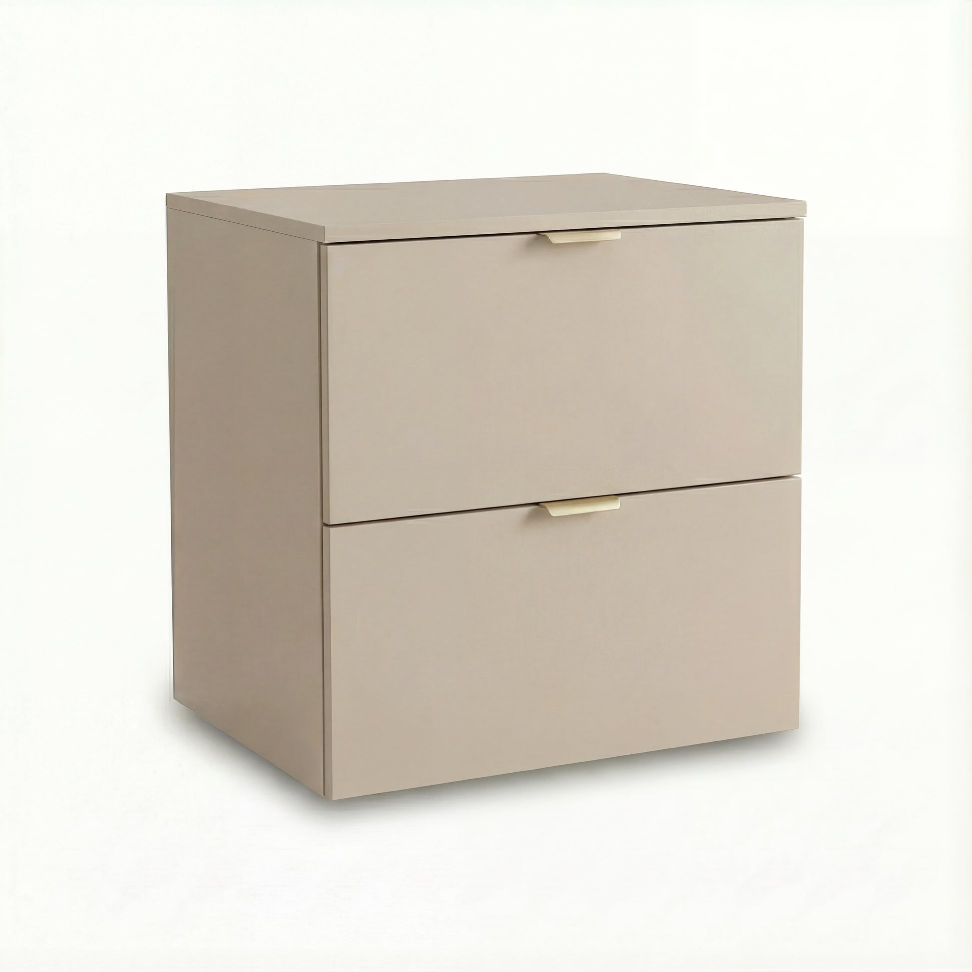 Waschtischunterschrank 60 cm Orio in Kaschmir mit glatten Fronten, 2 Schubladen mit Soft-Close und Ausschnitt für Siphon, metallischen Griffen – eleganter Stauraum für modernes Badezimmer.