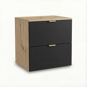 Waschtischunterschrank Orio 60 cm – glatte Fronten, goldene Griffe, Arbeitsplatte inklusive, 2 geräumige Schubladen mit SOFT-CLOSE-System, hochwertige 18 mm laminierte Platte, feuchtigkeitsbeständig, selbstmontierbar, ideal für kleine bis mittelgroße Badezimmer.