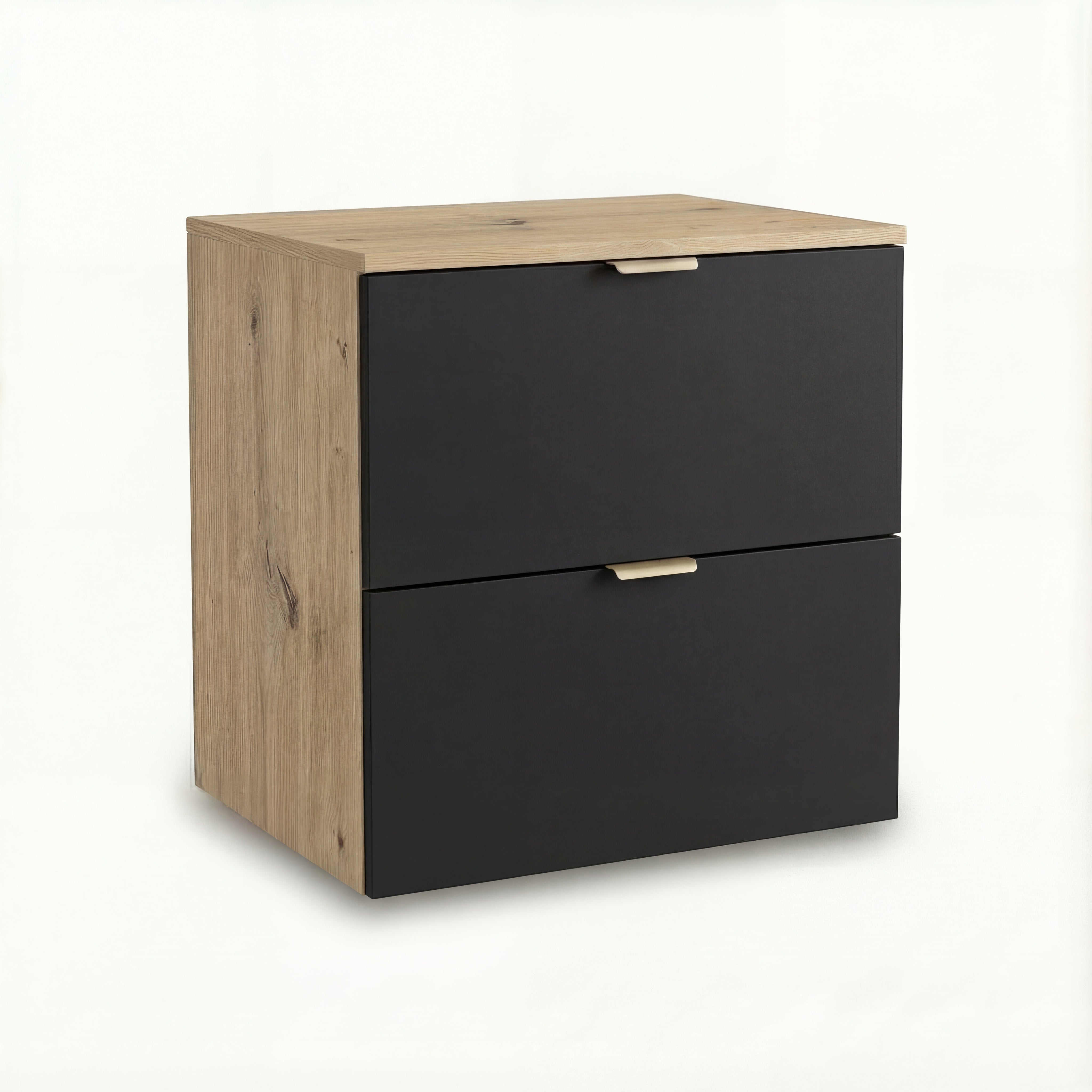 Waschtischunterschrank Orio 60 cm – glatte Fronten, goldene Griffe, Arbeitsplatte inklusive, 2 geräumige Schubladen mit SOFT-CLOSE-System, hochwertige 18 mm laminierte Platte, feuchtigkeitsbeständig, selbstmontierbar, ideal für kleine bis mittelgroße Badezimmer.