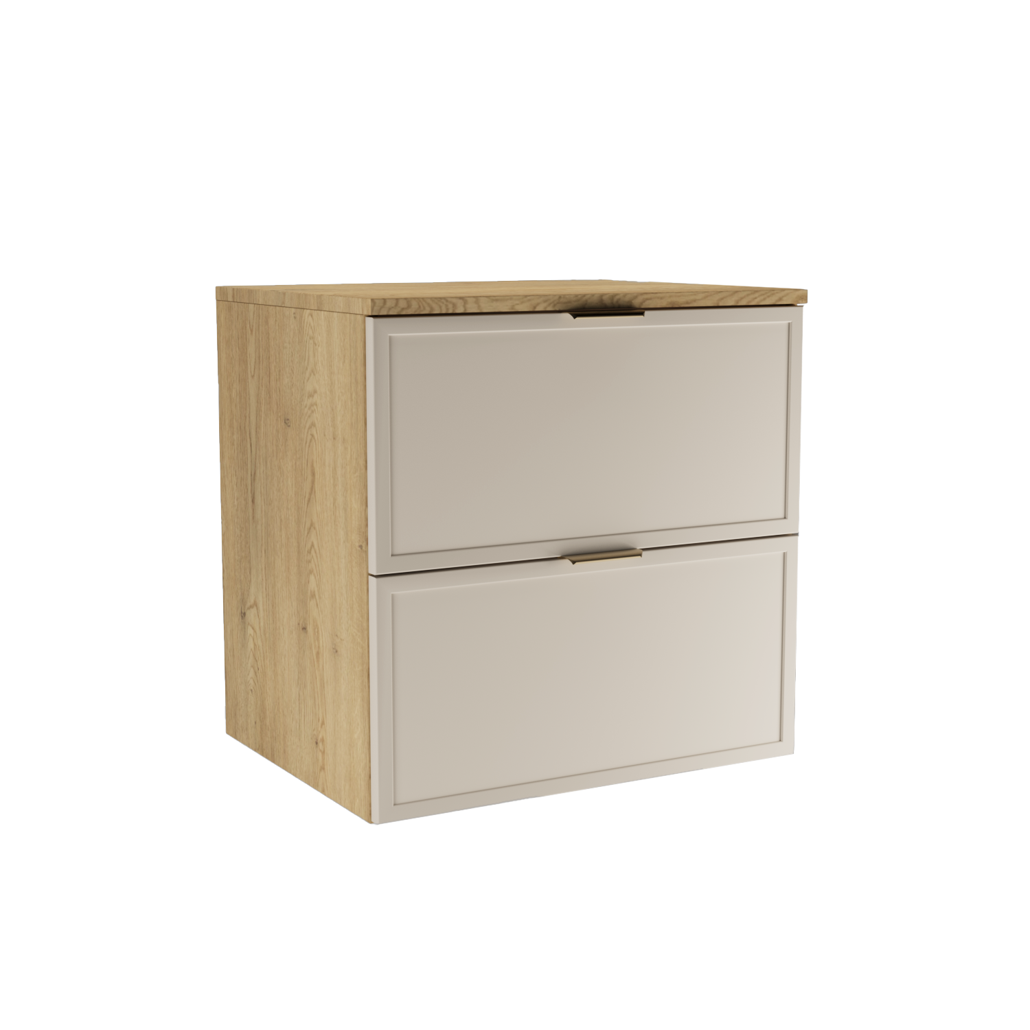Waschtischunterschrank 60 cm Roma Kaschmir/Eiche Cremona mit Schubladen, Soft-Close und MDF-Fronten für modernes Badezimmer.