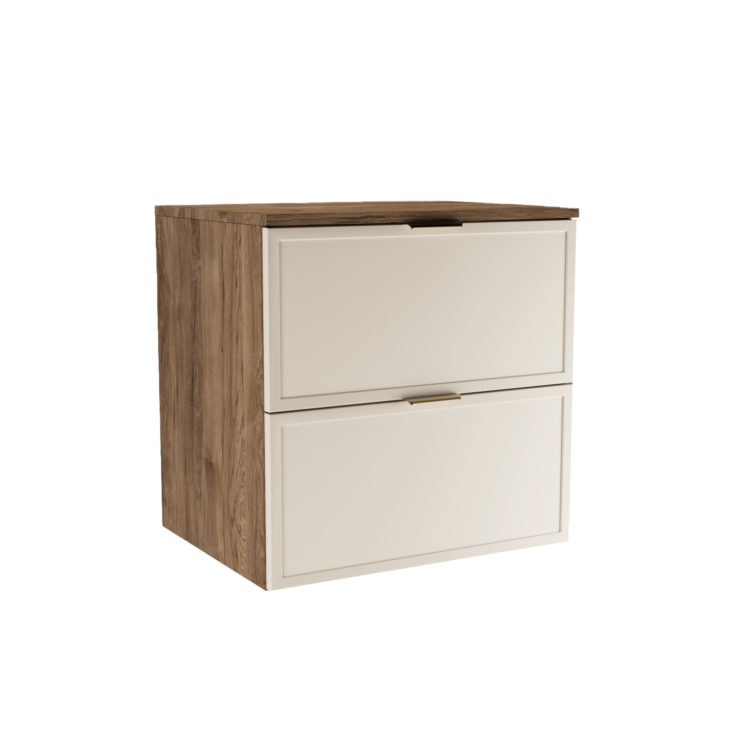 Waschtischunterschrank 60 cm Roma Kaschmir/Walnuss Dunkel mit Schubladen, Soft-Close und MDF-Fronten für Badezimmer.