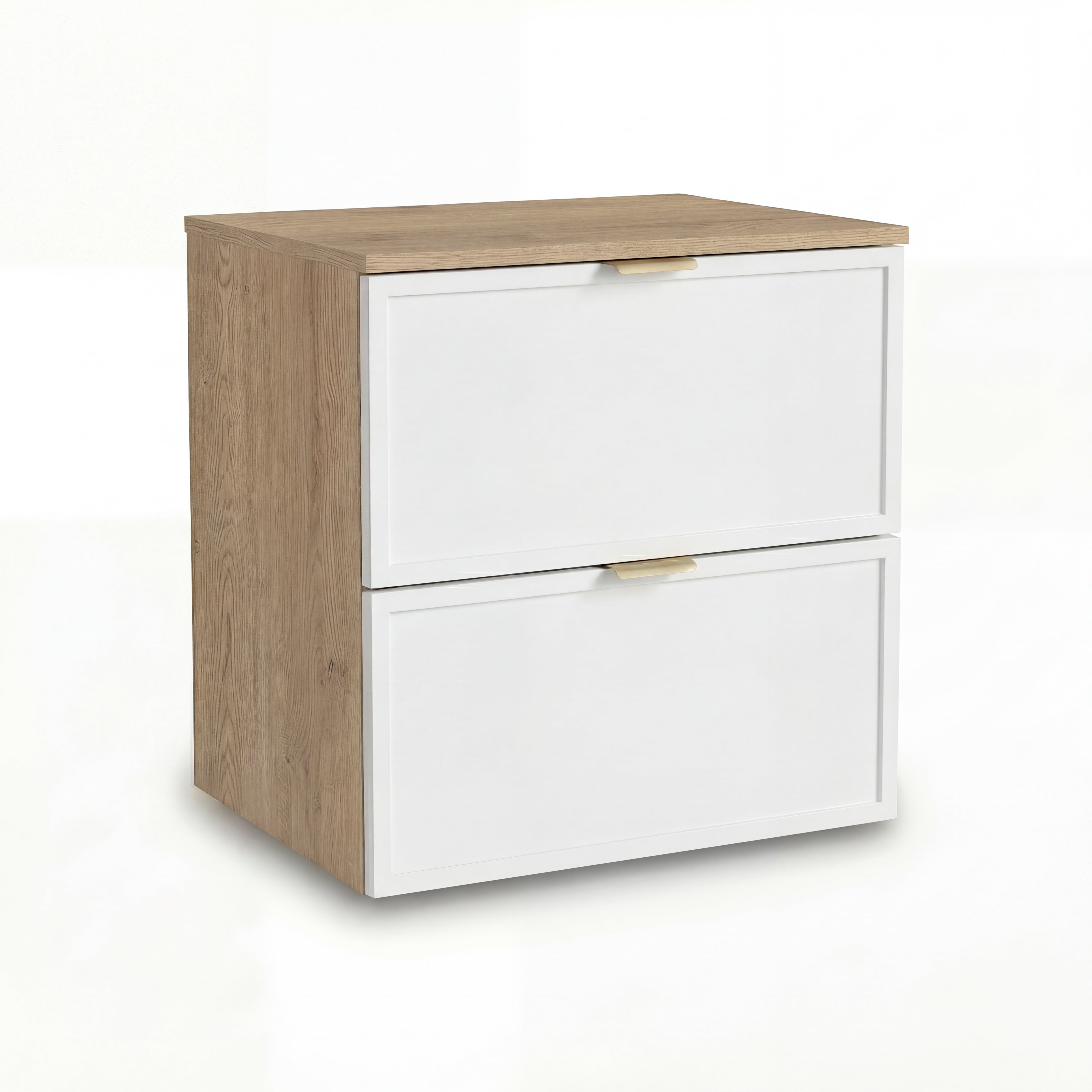 Waschtischunterschrank 60 cm Roma Weiß/Eiche Cremona mit Schubladen, Soft-Close und MDF-Fronten für Badezimmer.