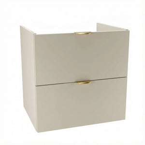 Waschtischunterschrank Orio (60 cm) in Kaschmir mit zwei Soft-Close Schubladen, oberer Schublade mit Siphon-Aussparung, goldfarbenen Metallgriffen, modernes minimalistisches Design ohne Oberteil.