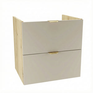 Waschtischunterschrank Orio (60 cm) mit Kaschmir-Fronten und Seitenteilen in Eiche Artisan, zwei Soft-Close Schubladen mit Siphon-Aussparung, goldfarbene Metallgriffe, modernes Design ohne Oberteil für Badezimmer.