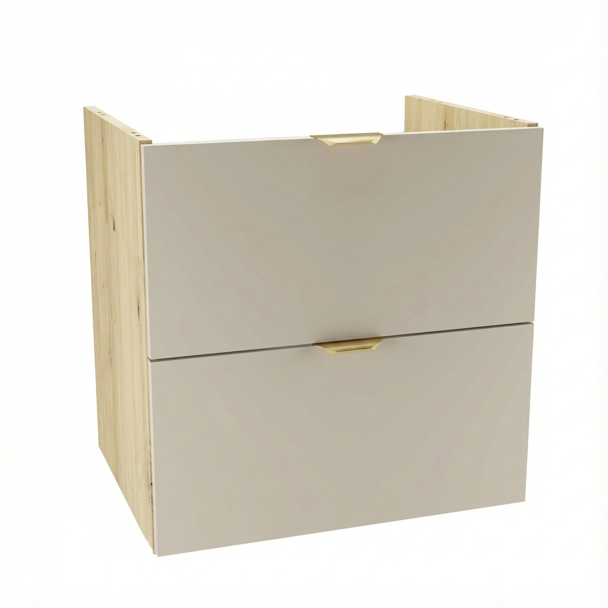 Waschtischunterschrank Orio (60 cm) mit Kaschmir-Fronten und Seitenteilen in Eiche Artisan, zwei Soft-Close Schubladen mit Siphon-Aussparung, goldfarbene Metallgriffe, modernes Design ohne Oberteil für Badezimmer.
