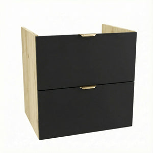 Waschtischunterschrank Orio 60 cm in Schwarz / Artisan Eiche mit 2 Schubladen SOFT-CLOSE, ohne Arbeitsplatte, Metallgriff in gebürstetem Gold, glatte Fronten, modernes Design aus 18-mm laminierter Spanplatte, ideal für Badezimmer.