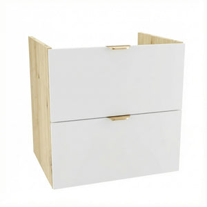 Waschtischunterschrank Orio 60 cm in Weiß / Artisan Eiche mit 2 Schubladen SOFT-CLOSE, ohne Arbeitsplatte, Metallgriff in gebürstetem Gold, glatte Fronten, modernes Design aus 18-mm laminierter Spanplatte, ideal für Badezimmer.