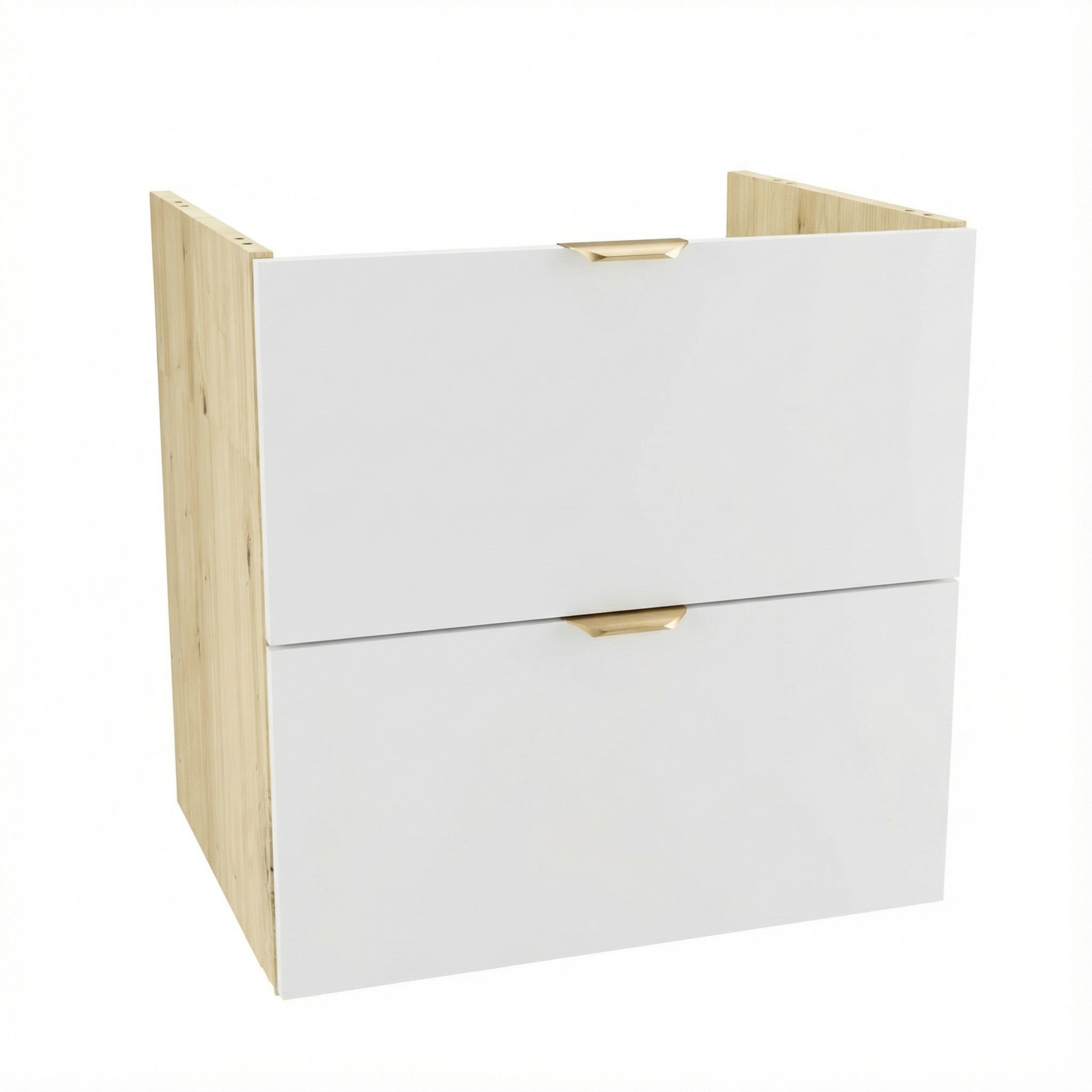 Waschtischunterschrank Orio 60 cm in Weiß / Artisan Eiche mit 2 Schubladen SOFT-CLOSE, ohne Arbeitsplatte, Metallgriff in gebürstetem Gold, glatte Fronten, modernes Design aus 18-mm laminierter Spanplatte, ideal für Badezimmer.