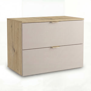 Moderner Waschtischunterschrank Orio in Kaschmir und Eiche Artisan, ideal für das Badezimmer. Ausgestattet mit 2 Schubladen SOFT-CLOSE, geriffelten Fronten und Siphonausschnitt in der oberen Schublade für praktischen Stauraum. Perfekte Kombination aus Funktionalität und elegantem Design.