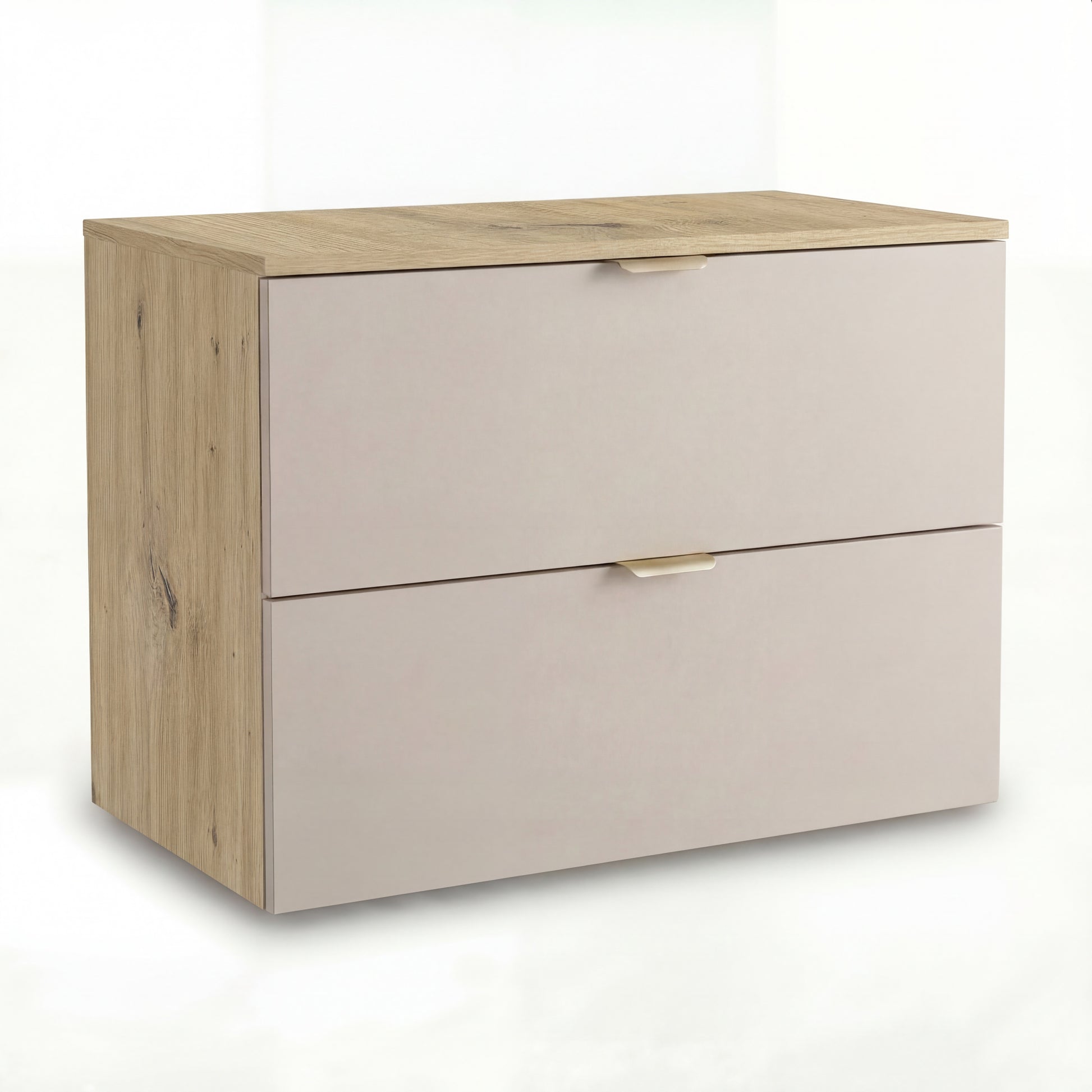 Moderner Waschtischunterschrank Orio in Kaschmir und Eiche Artisan, ideal für das Badezimmer. Ausgestattet mit 2 Schubladen SOFT-CLOSE, geriffelten Fronten und Siphonausschnitt in der oberen Schublade für praktischen Stauraum. Perfekte Kombination aus Funktionalität und elegantem Design.