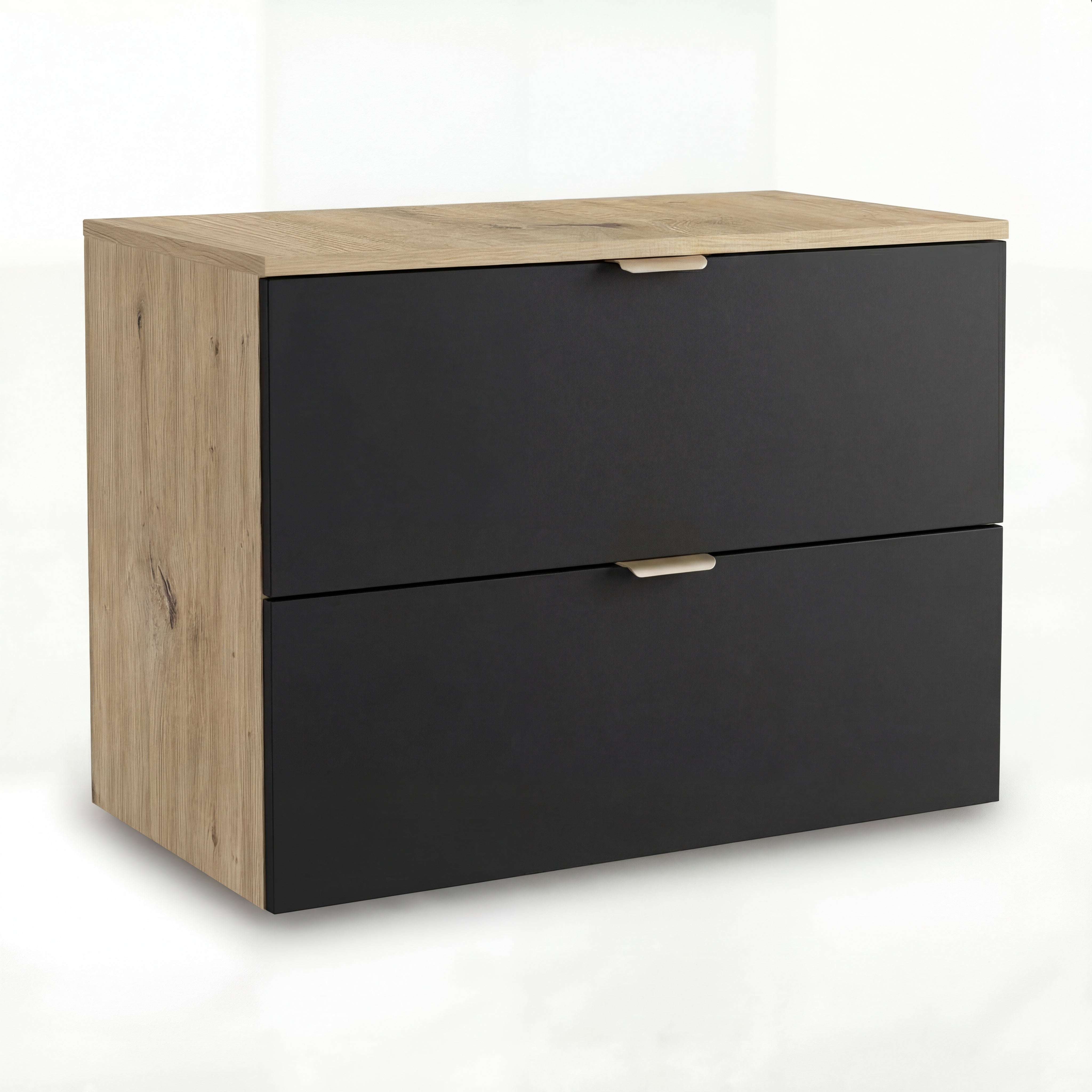 Waschtischunterschrank Orio 80 cm mit glatten Fronten in Weiß, goldfarbenen Griffen und passender Arbeitsplatte, moderne Badezimmermöbel, zwei geräumige Schubladen, minimalistisches Design, freihängend an der Wand montiert, Dekor Eiche Artisan.