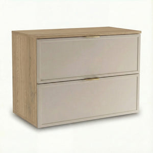 Waschtischunterschrank 80 cm Roma Kaschmir/Eiche Cremona mit 2 Schubladen, Soft-Close und MDF-Fronten für Badezimmer.