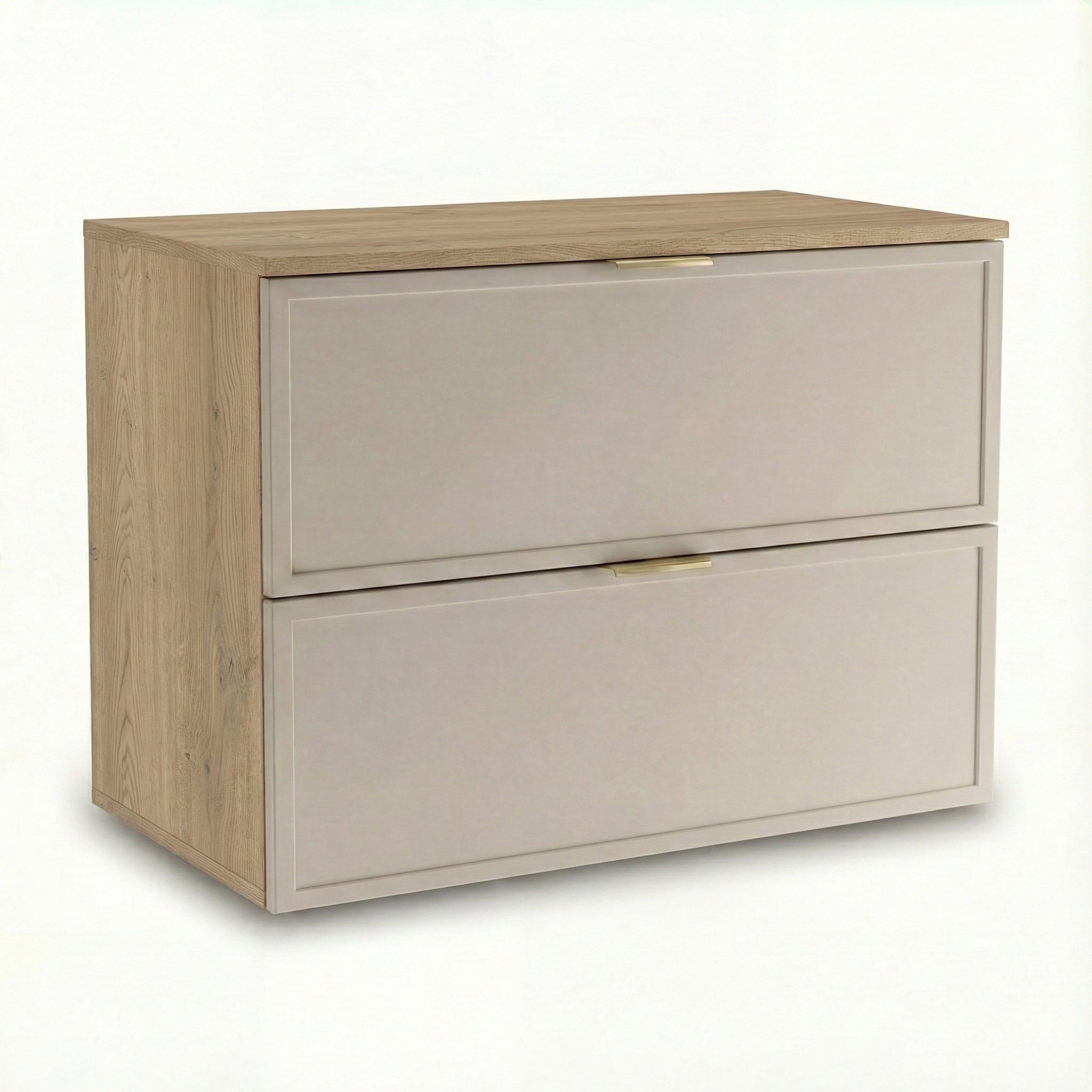 Waschtischunterschrank 80 cm Roma Kaschmir/Eiche Cremona mit 2 Schubladen, Soft-Close und MDF-Fronten für Badezimmer.