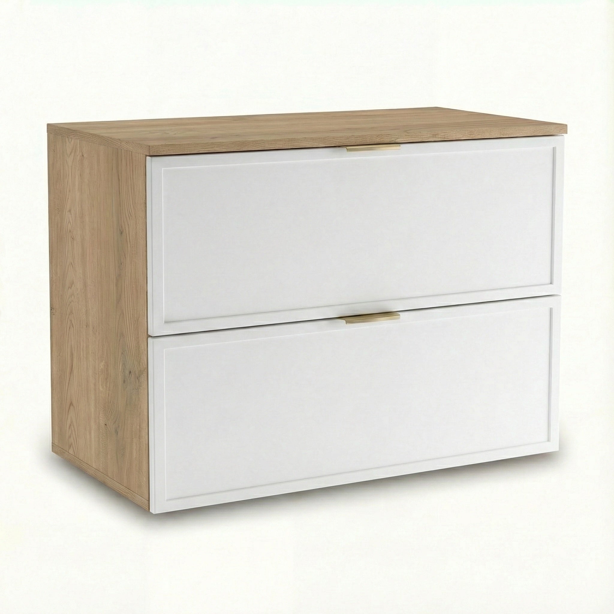 Waschtischunterschrank 80 cm Roma Weiß/Eiche Cremona mit 2 Schubladen, Soft-Close und MDF-Fronten für Badezimmer.