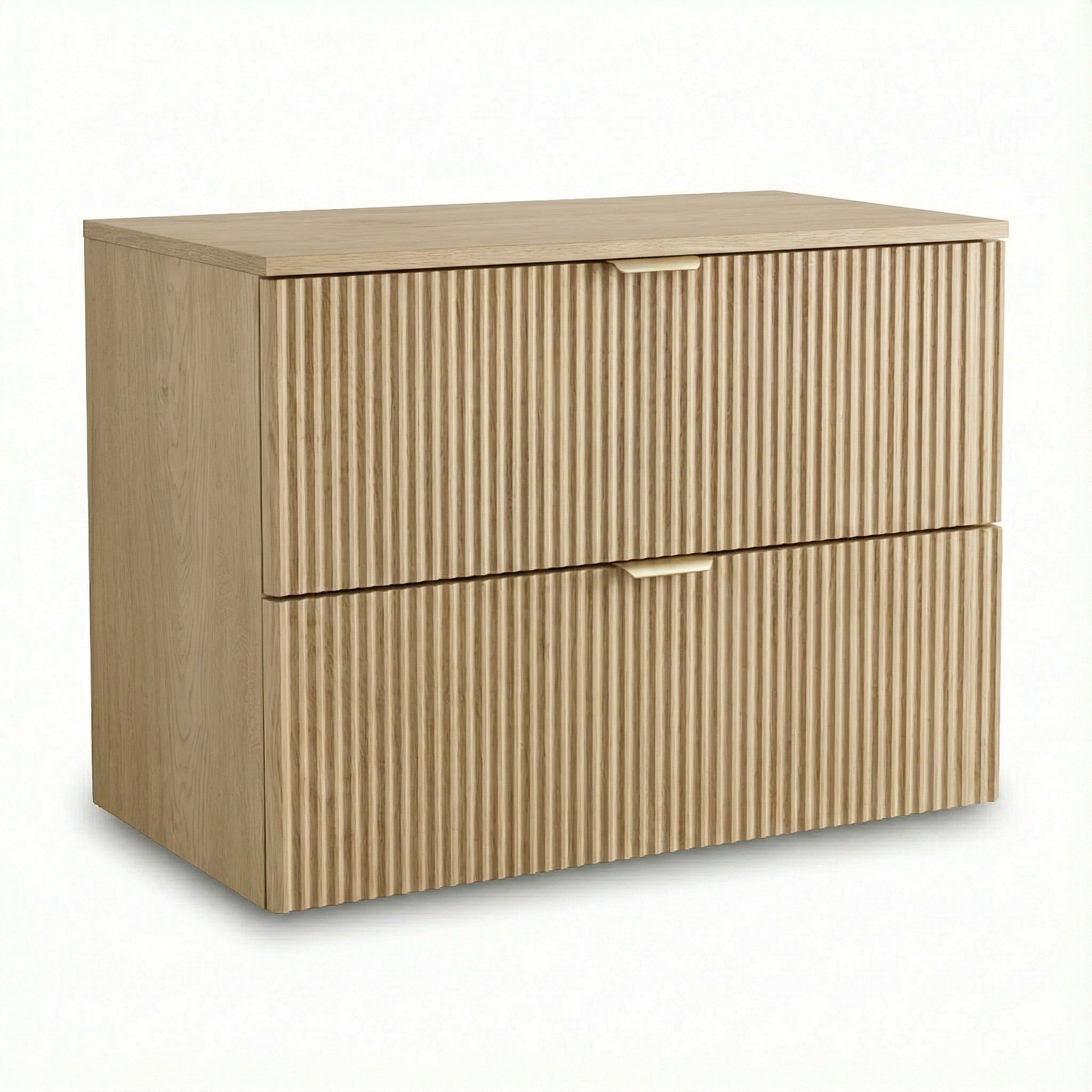 Waschtischunterschrank Willy 80 cm in Eiche Cremona mit geriffelten MDF-Fronten, zwei Schubladen und Soft-Close für moderne Badezimmer.