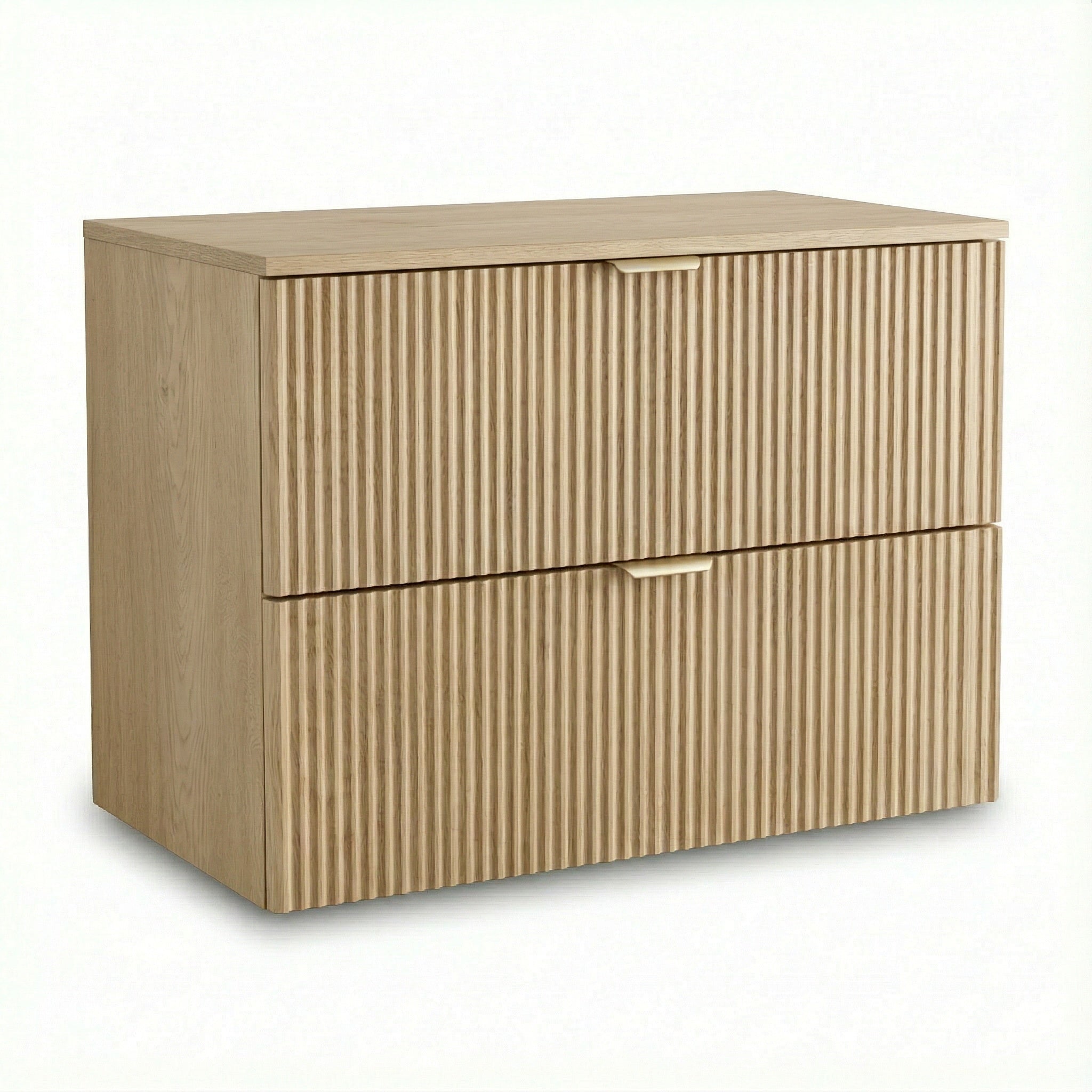 Waschtischunterschrank Willy 80 cm in Eiche Cremona mit geriffelten MDF-Fronten, zwei Schubladen und Soft-Close für moderne Badezimmer.