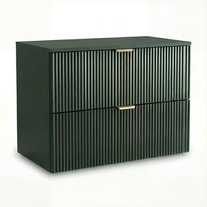 Waschtischunterschrank Willy 80 cm in Salbei mit geriffelten Fronten und zwei Soft-Close-Schubladen. Modernes Badezimmermöbel mit viel Stauraum und elegantem Design.