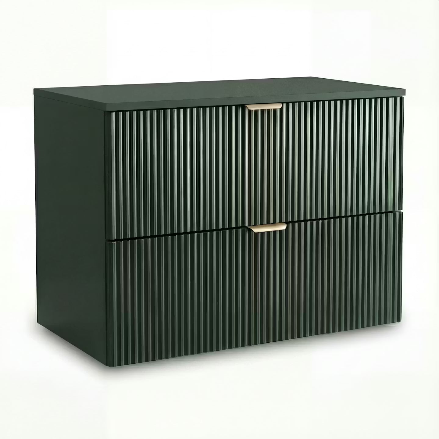 Waschtischunterschrank Willy 80 cm in Salbei mit geriffelten Fronten und zwei Soft-Close-Schubladen. Modernes Badezimmermöbel mit viel Stauraum und elegantem Design.