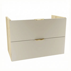 Waschtischunterschrank Orio (80 cm) mit Kaschmir-Fronten und Seitenteilen in Eiche Artisan, zwei Soft-Close Schubladen mit Siphon-Aussparung, goldfarbene Metallgriffe, modernes und geräumiges Design ohne Oberteil für Badezimmer.