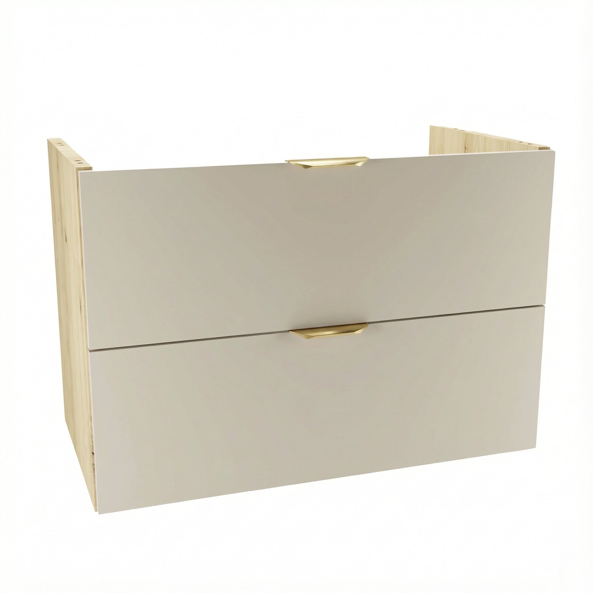 Waschtischunterschrank Orio (80 cm) mit Kaschmir-Fronten und Seitenteilen in Eiche Artisan, zwei Soft-Close Schubladen mit Siphon-Aussparung, goldfarbene Metallgriffe, modernes und geräumiges Design ohne Oberteil für Badezimmer.